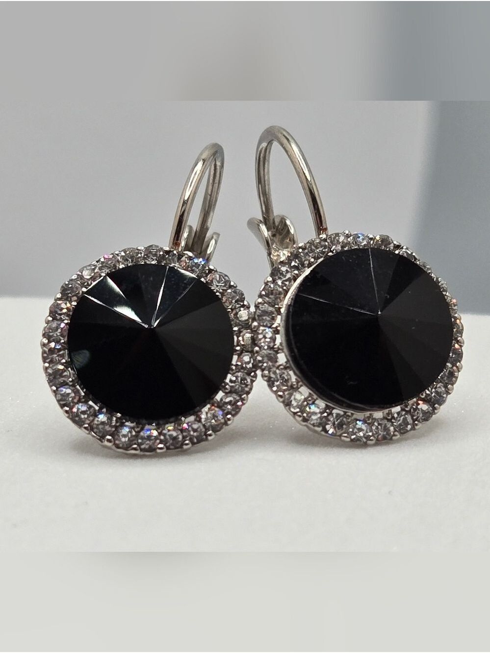 Black & Clear Rhinestone Earrings Silver Tone Leverback 1" Sparkly Dangle